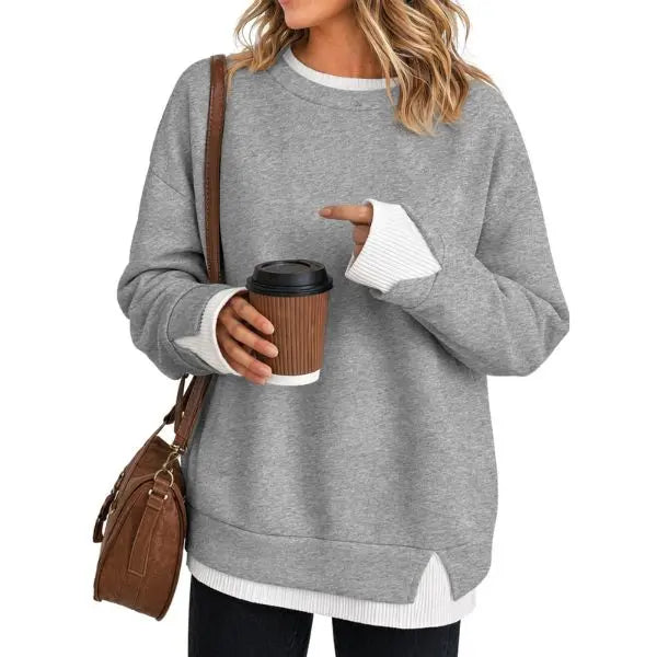 Effortless Casual Style: Women's Relaxed Layered Crewneck Sweatshirt Everyday Top