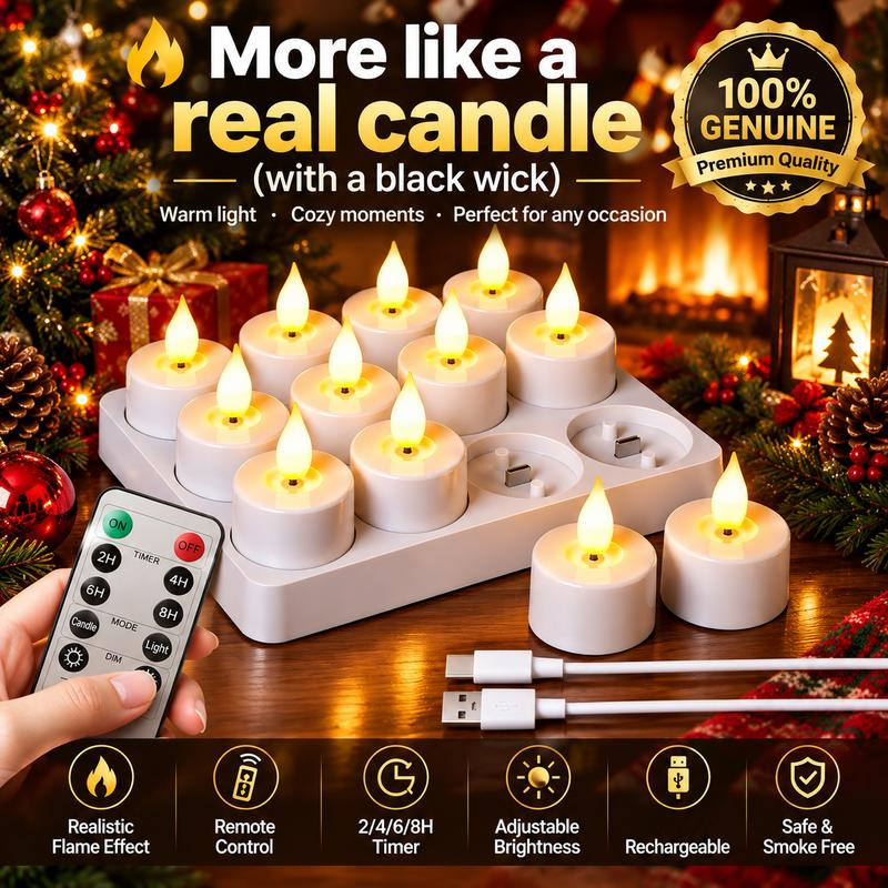 🕯️12pcs Rechargeable Flameless Tealight Candle with Remote Control, Charging Station🕯️