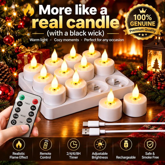 🕯️12pcs Rechargeable Flameless Tealight Candle with Remote Control, Charging Station🕯️