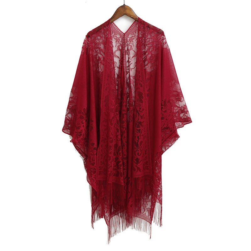 Elegant Floral Lace Kimono Wrap with Flowing Fringe | Evening & Wedding Shrug