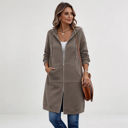 Women's Long Zip-Up Fleece Hoodie – Casual Oversized Full-Zip Outerwear with Pockets