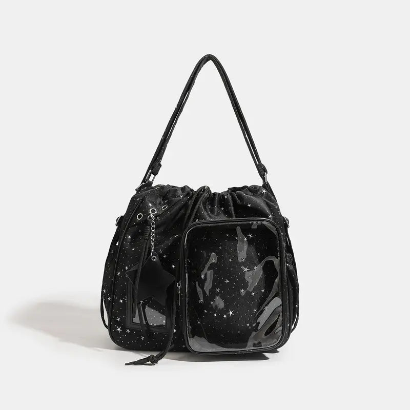 ✨ Star-Embossed Ita Bag | Convertible Drawstring Backpack & Shoulder Bag with Clear Window 🎒
