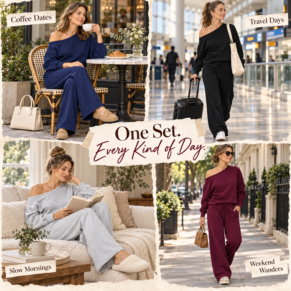 Women's 2-Piece Off-Shoulder Lounge Set – Wide Leg Pants & Sweatshirt