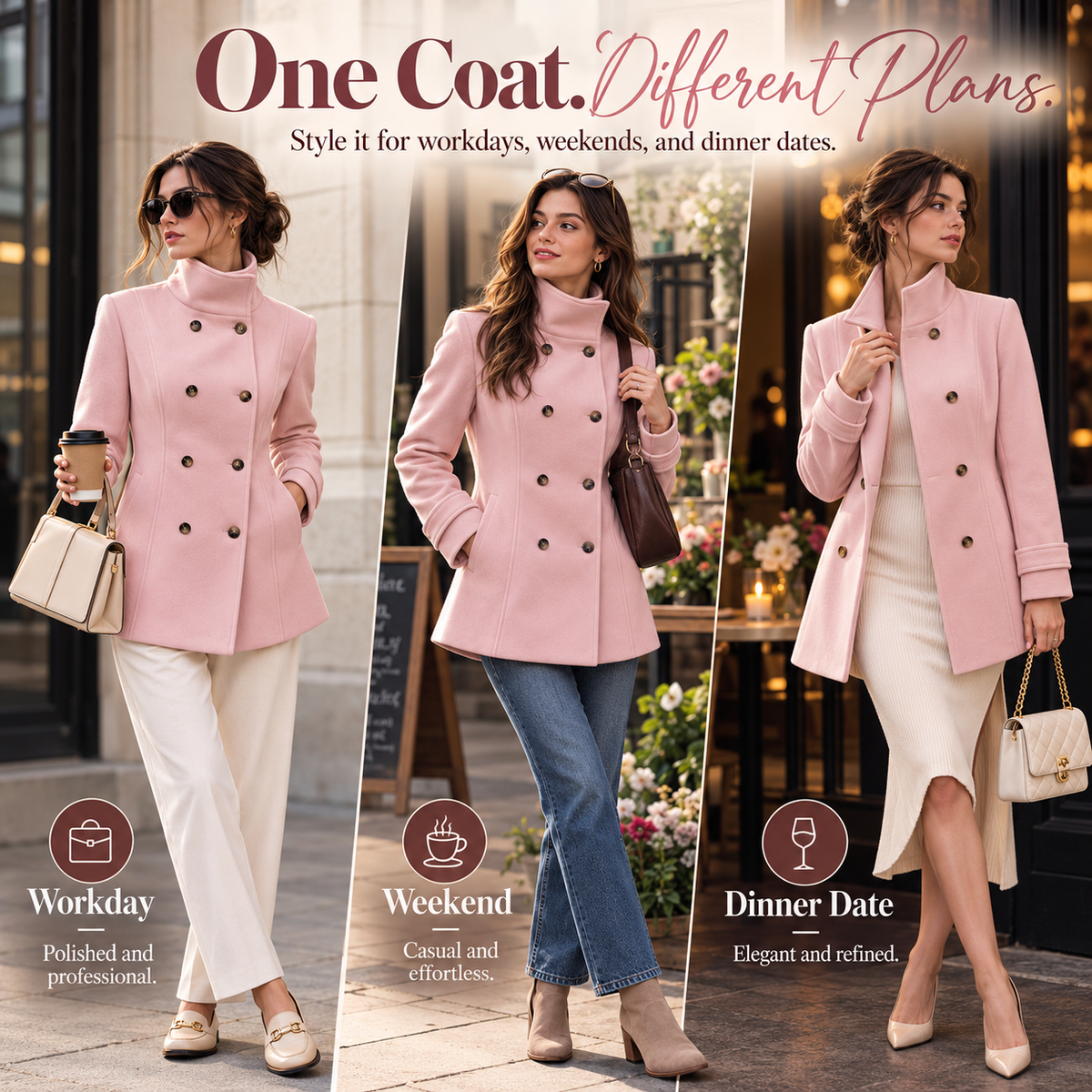🌸 Women's Elegant Double-Breasted Coat – Flattering Tailored Waist, Stand Collar & Flared Hem