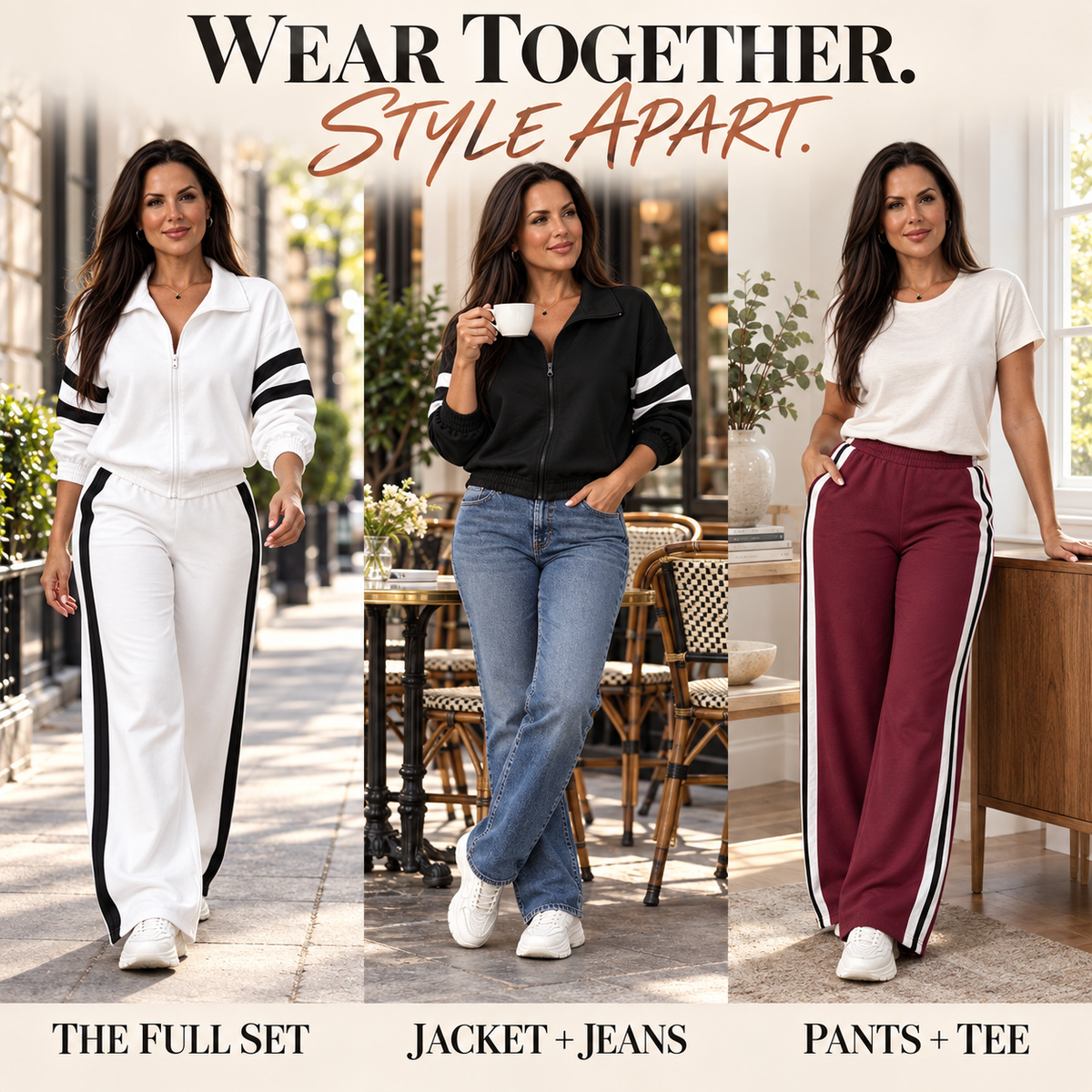 Women Striped 2-Piece Tracksuit Set Full Zip Jacket Wide Leg Pants Casual Outfit