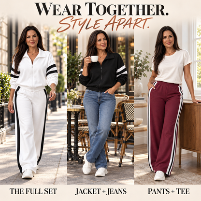 Women Striped 2-Piece Tracksuit Set Full Zip Jacket Wide Leg Pants Casual Outfit