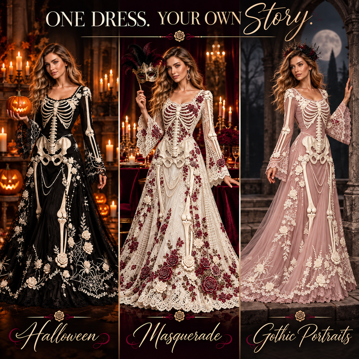 Women’s Gothic Skeleton & Rose Maxi Dress – Vintage Style, Flared Sleeves & Flowing Skirt for Halloween