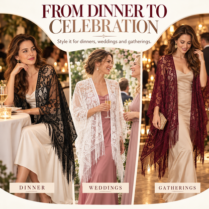 Elegant Floral Lace Kimono Wrap with Flowing Fringe | Evening & Wedding Shrug