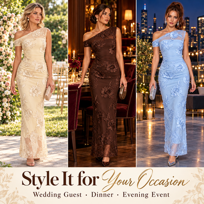 Elegant Asymmetric One-Shoulder 3D Floral Mesh Maxi Dress for Evening Formal Events