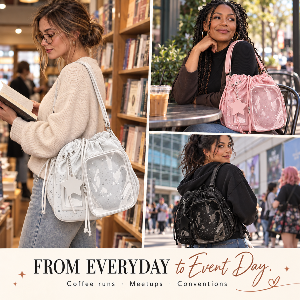 ✨ Star-Embossed Ita Bag | Convertible Drawstring Backpack & Shoulder Bag with Clear Window 🎒