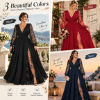 Plus Size Lace Sleeve Deep V-Neck A-Line Maxi Dress