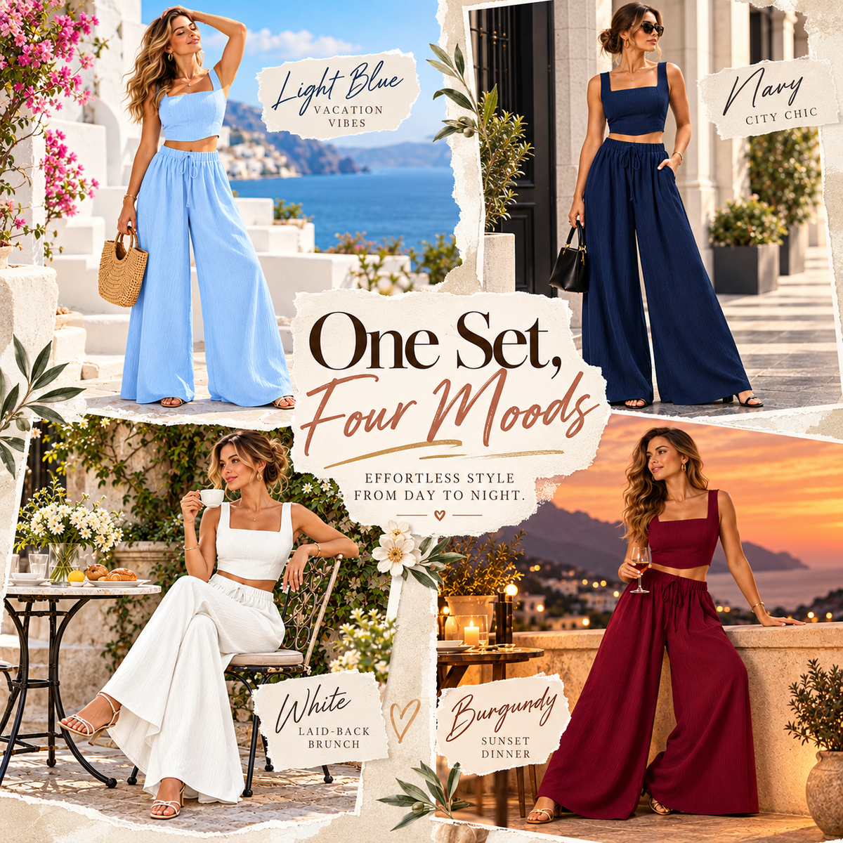 Women's Square Neck Two Piece Set – Flowy Wide Leg Pants Outfit