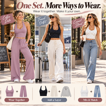 ✨ Women's Comfy 2-Piece Lounge Set – Halter Tank Top & Relaxed Wide Leg Pants