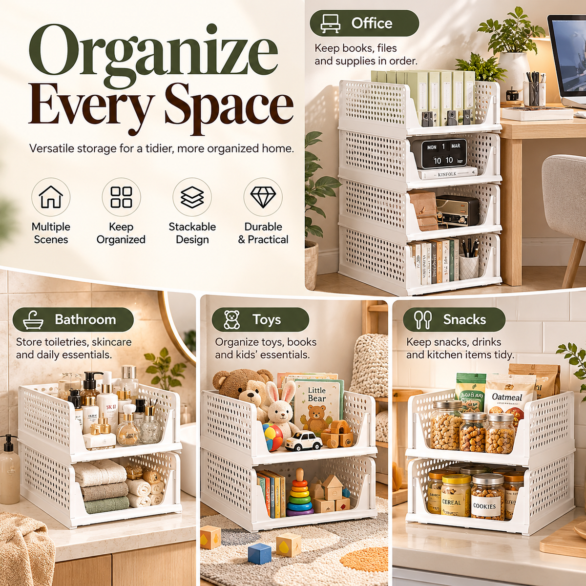 🧺 Stackable & Foldable Storage Basket – Space-Saving Closet Organizer