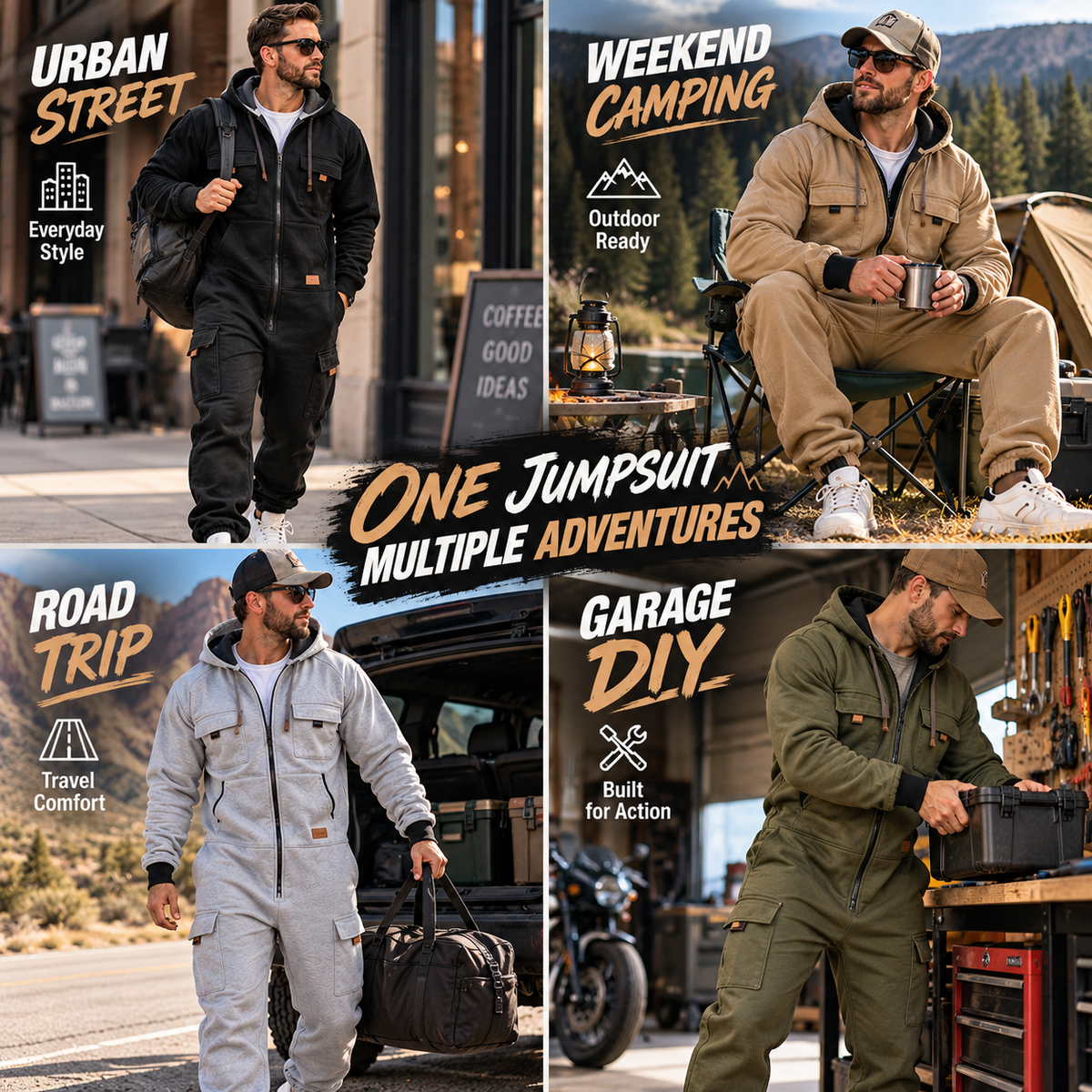 🛠️ Men's Utility Cargo Jumpsuit – Hooded Zip-Front One-Piece Workwear with Multiple Pockets