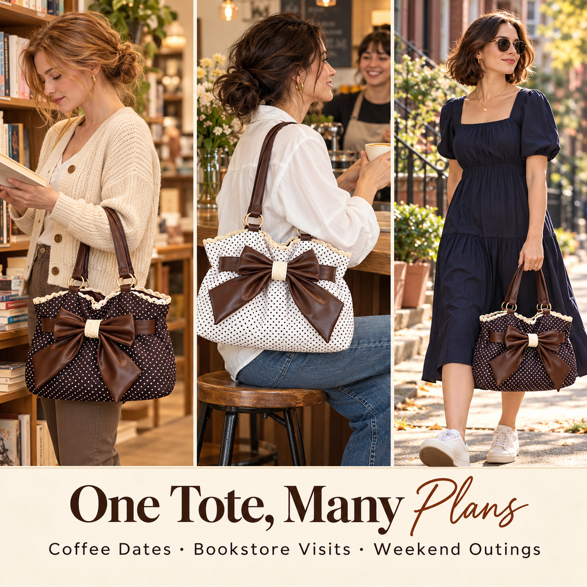 🎀Retro Chic Polka Dot Bow Tote — Vintage Lace Fabric Shoulder Bag & Daily Travel Purse 👜