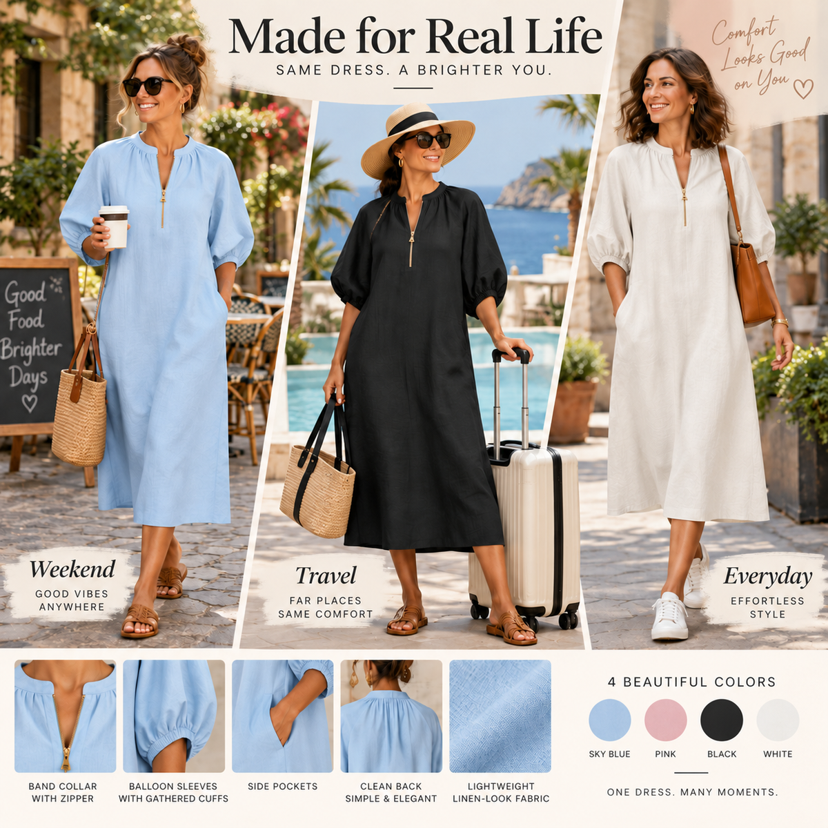 Women’s Casual Zip Neck Balloon Sleeve Maxi Dress with Pockets