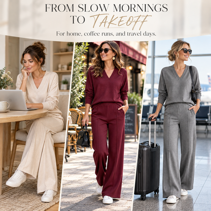 The Tailored V-Neck & Pintuck Wide-Leg Two-Piece Commuter Set