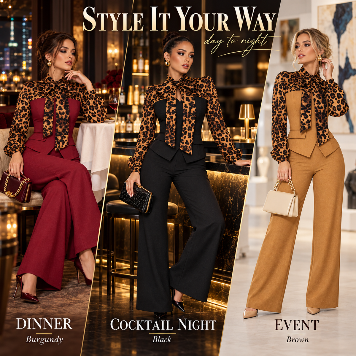 Casual Elegant Leopard Contrast Top & High-Waist Trouser Outfit
