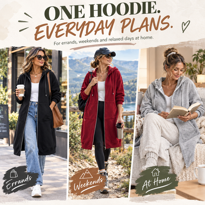 Women's Long Zip-Up Fleece Hoodie – Casual Oversized Full-Zip Outerwear with Pockets