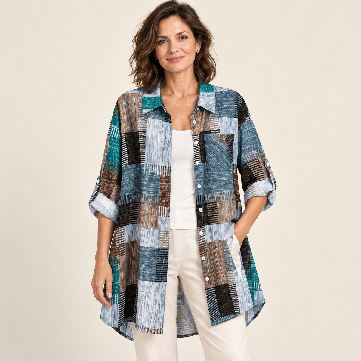 Women's Boho Abstract Colorblock Button-Up Shacket - Long Sleeve Mid-Length Coat