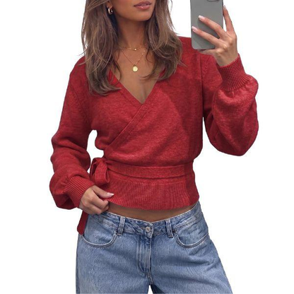💃Women’s V-Neck Wrap Knit Sweater with Tie Waist & Lantern Sleeves💃