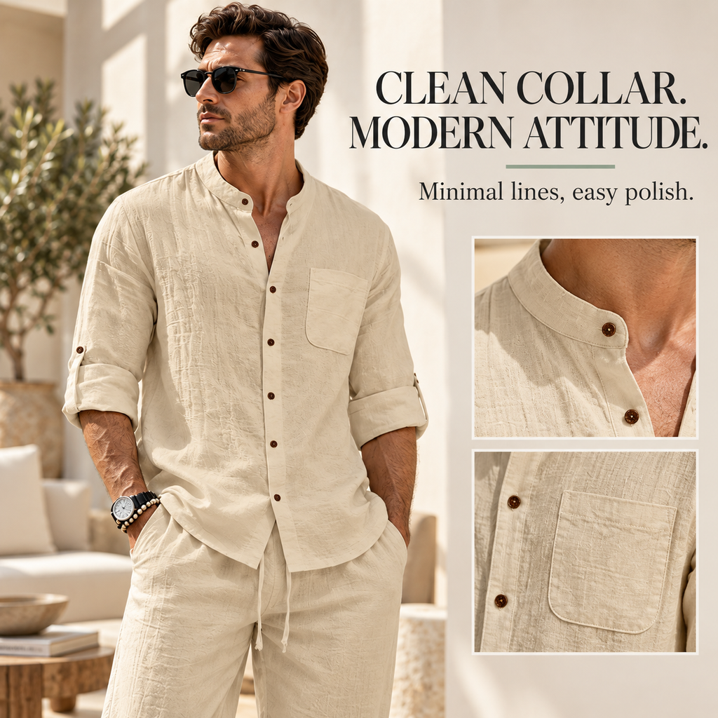 Men's Relaxed Mandarin Collar Shirt & Wide-Leg Pants Set