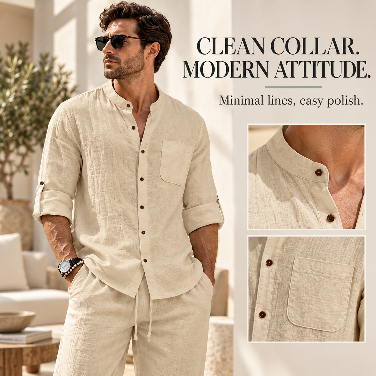 Men's Relaxed Mandarin Collar Shirt & Wide-Leg Pants Set