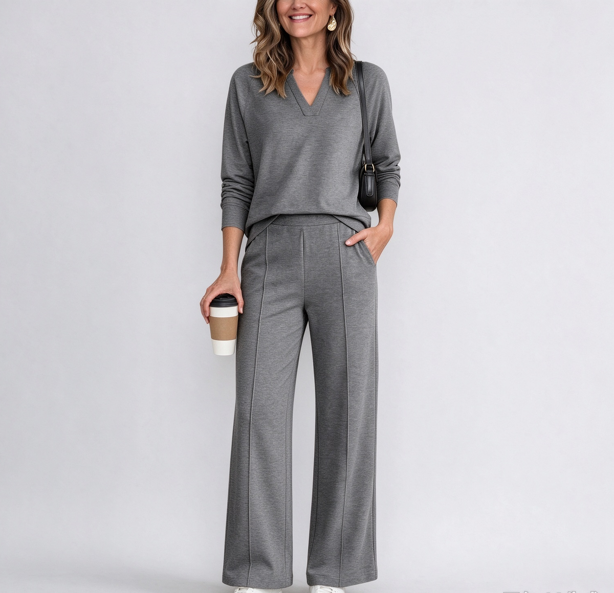 The Tailored V-Neck & Pintuck Wide-Leg Two-Piece Commuter Set