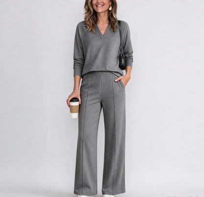 The Tailored V-Neck & Pintuck Wide-Leg Two-Piece Commuter Set