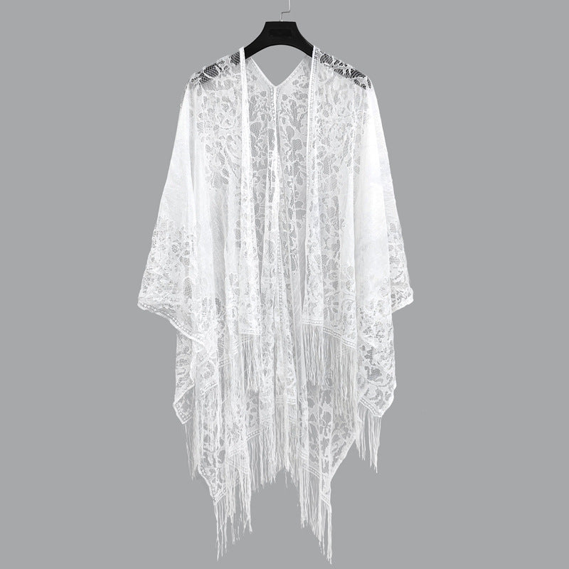 Elegant Floral Lace Kimono Wrap with Flowing Fringe | Evening & Wedding Shrug
