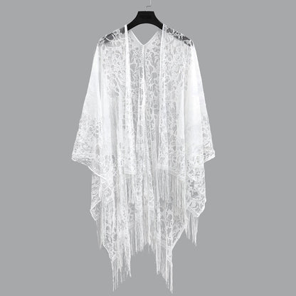 Elegant Floral Lace Kimono Wrap with Flowing Fringe | Evening & Wedding Shrug