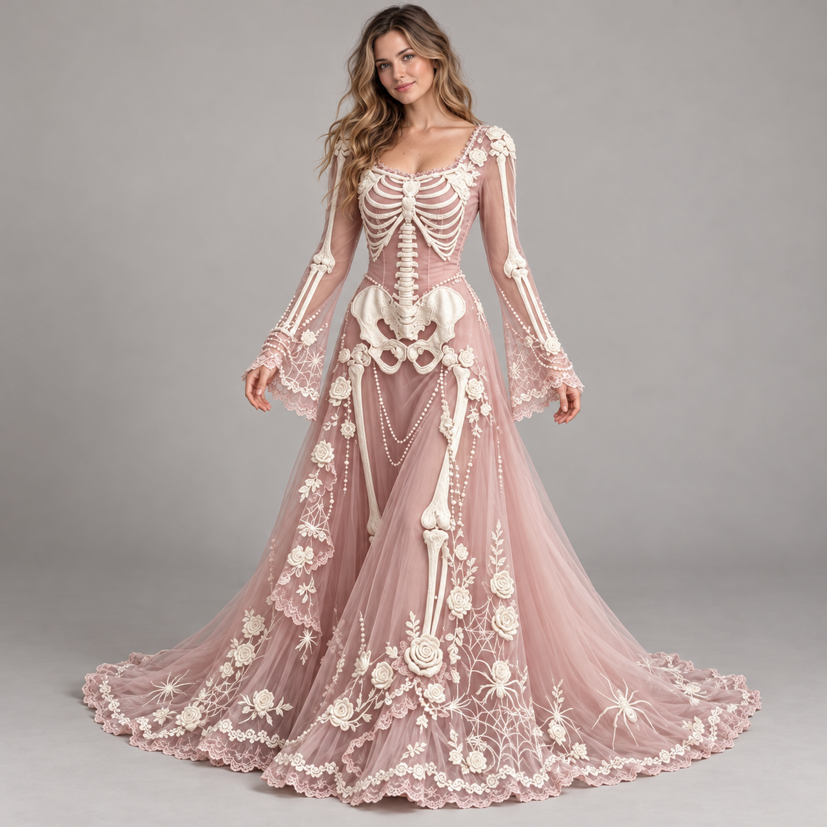 Women’s Gothic Skeleton & Rose Maxi Dress – Vintage Style, Flared Sleeves & Flowing Skirt for Halloween