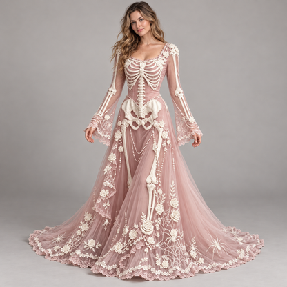 Women’s Gothic Skeleton & Rose Maxi Dress – Vintage Style, Flared Sleeves & Flowing Skirt for Halloween