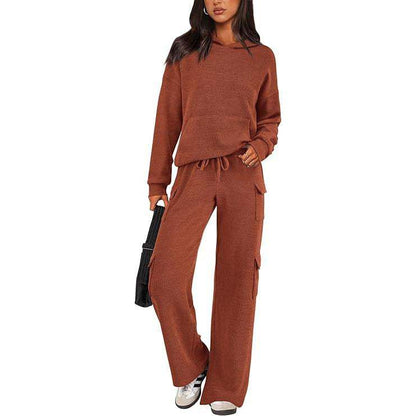Women’s Soft Hooded Lounge Set with Wide-Leg Cargo Pants & Pockets