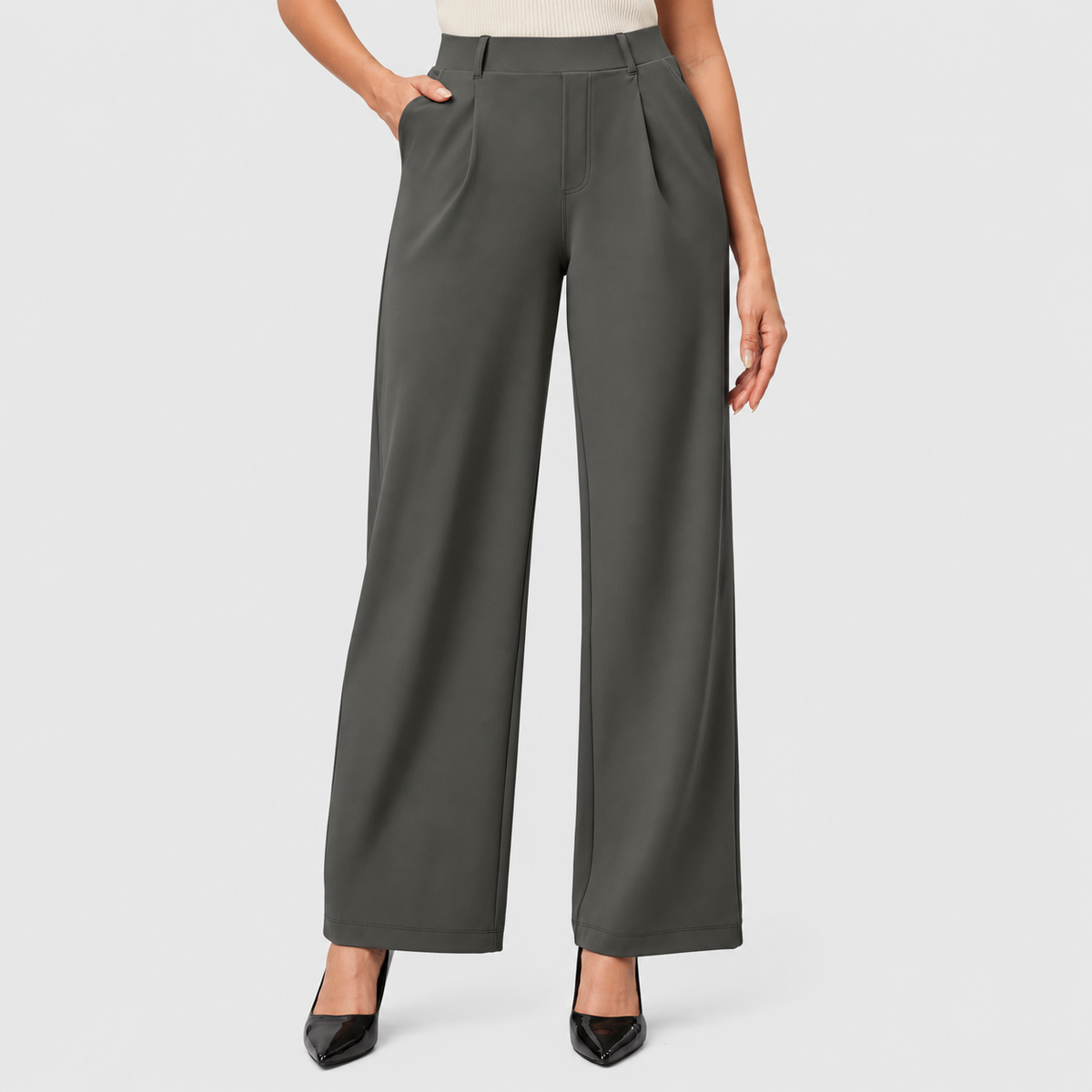 Women’s High-Waisted Wide Leg Work Pants | Stretchy Pull-On Business Casual Slacks with Pockets