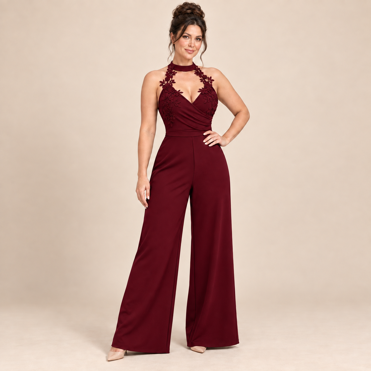 Floral Lace Halter Neck Wide-Leg Jumpsuit for Women | Evening Party & Wedding Guest