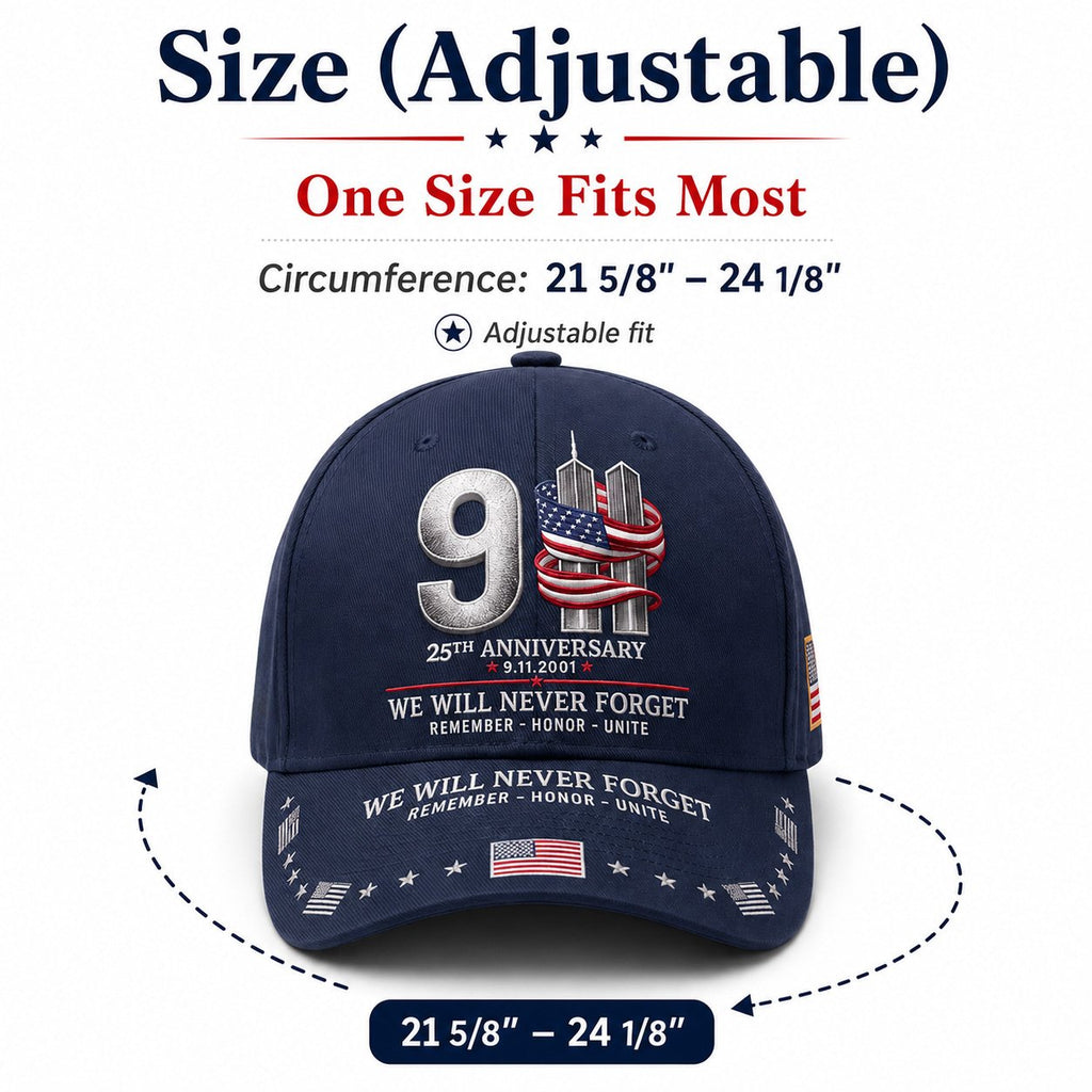 9/11 25th Anniversary We Will Never Forget Embroidered Memorial Baseball Cap – Unisex Patriotic Memorial Hat🧢 100% Cotton