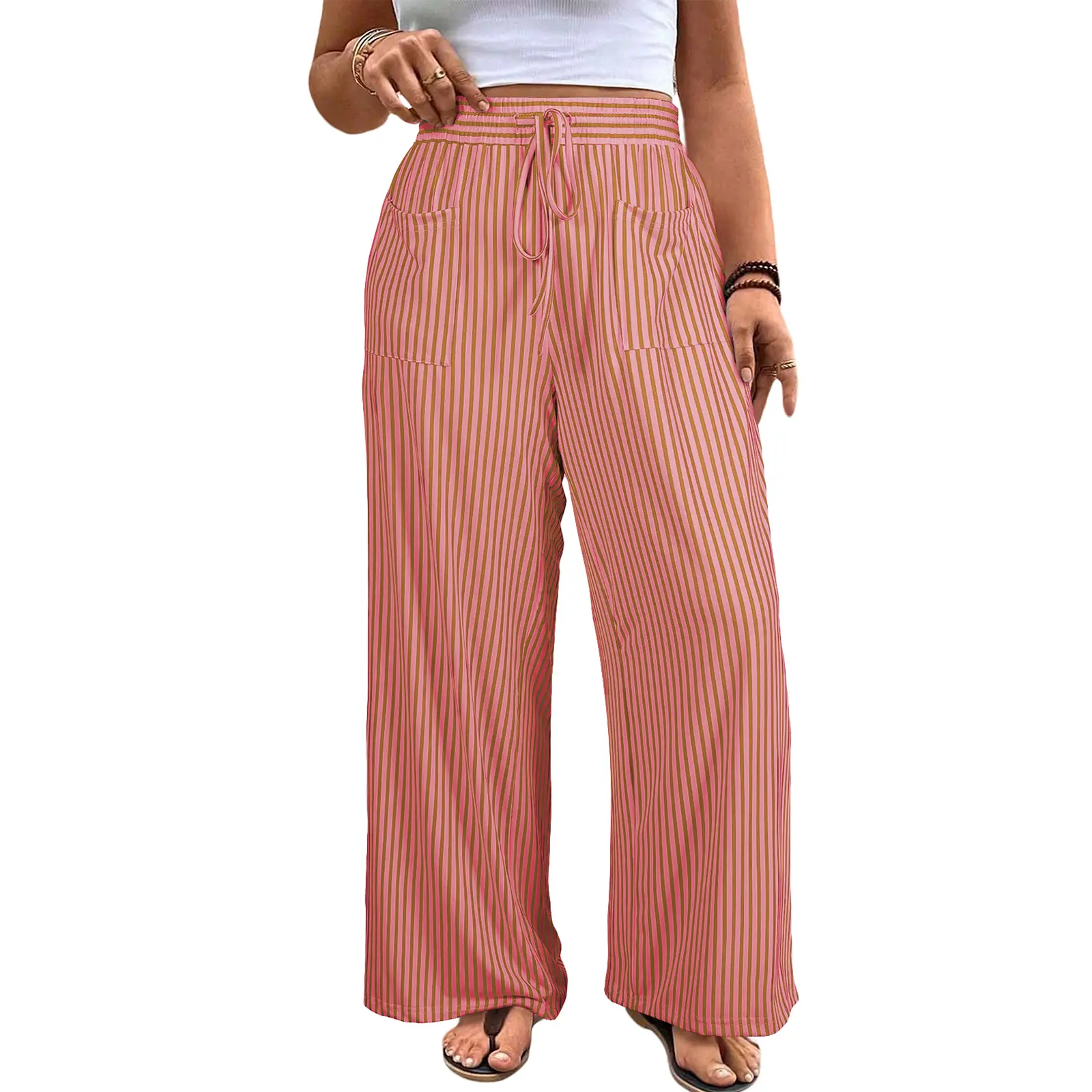 Women’s Plus Size High-Waisted Stretchy Striped Wide-Leg Casual Pants