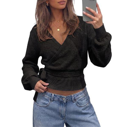 💃Women’s V-Neck Wrap Knit Sweater with Tie Waist & Lantern Sleeves💃
