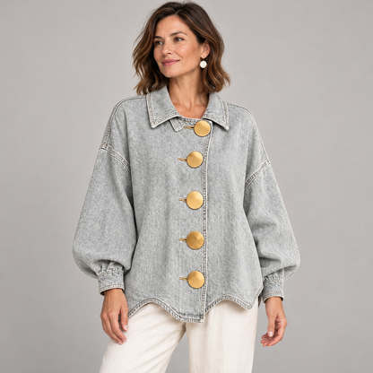 Boho Textured Denim Jacket - Loose Fit Lantern Sleeve Jacket with Oversized Gold Buttons