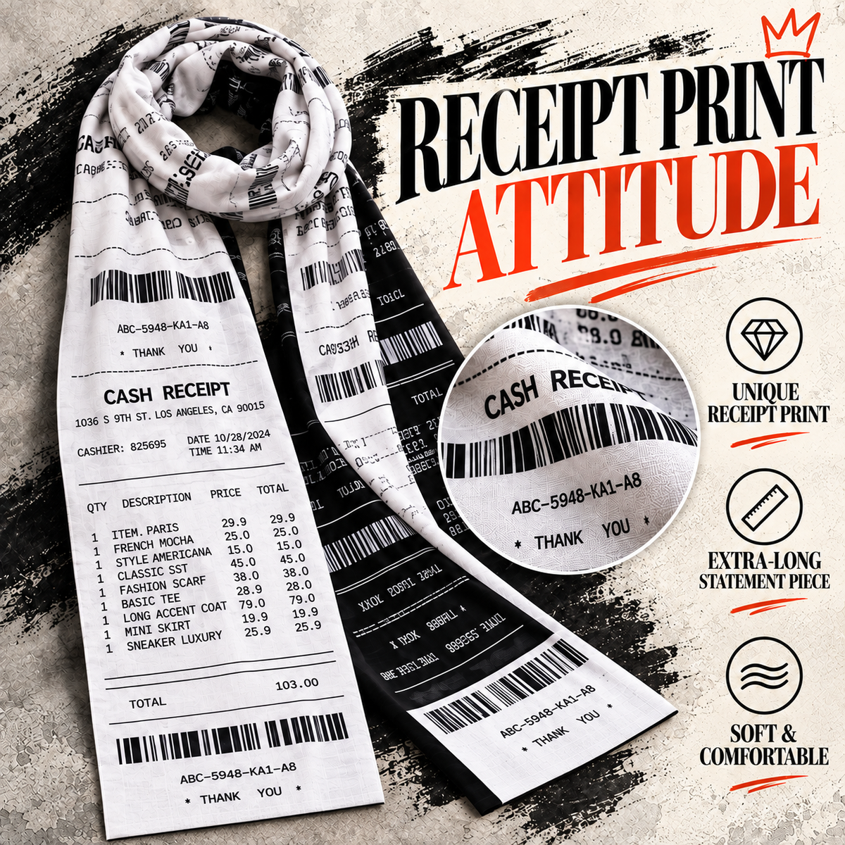 🧣Extra-Long Receipt Print Scarf – Fashionable, Warm & Comfortable🧣