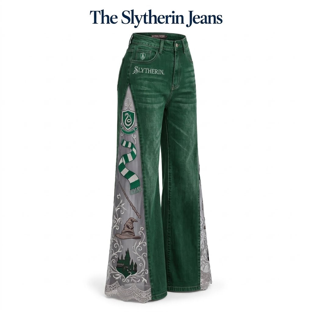 Women's Gothic Dragon Embroidered Jeans – Lace-Panel Wide-Leg Denim