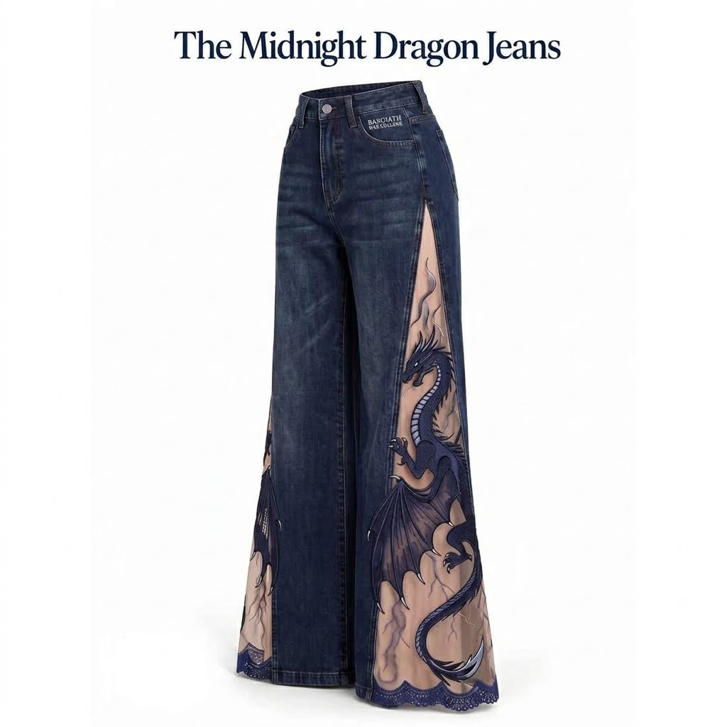 Women's Gothic Dragon Embroidered Jeans – Lace-Panel Wide-Leg Denim