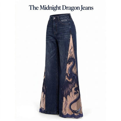 Women's Gothic Dragon Embroidered Jeans – Lace-Panel Wide-Leg Denim