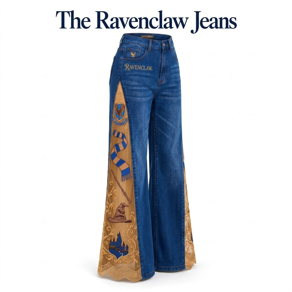 Women's Gothic Dragon Embroidered Jeans – Lace-Panel Wide-Leg Denim