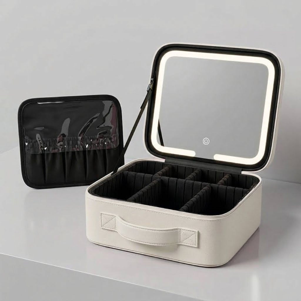 Portable Makeup Train Case with LED Lighted Mirror, 3 Lighting Modes & Adjustable Dividers