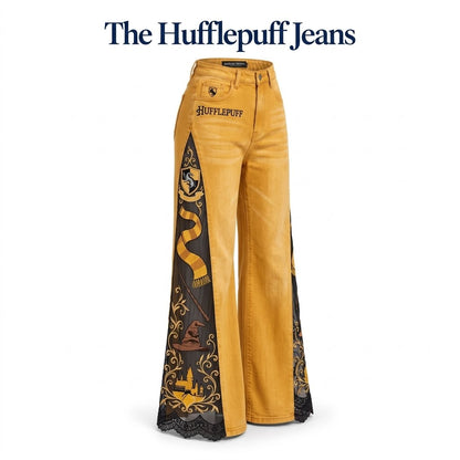 Women's Gothic Dragon Embroidered Jeans – Lace-Panel Wide-Leg Denim
