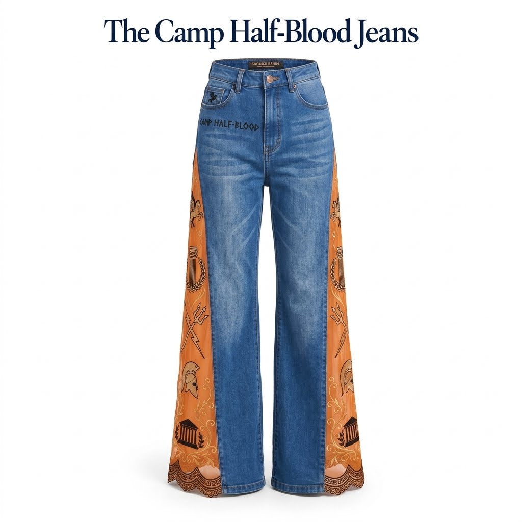 Women's Gothic Dragon Embroidered Jeans – Lace-Panel Wide-Leg Denim