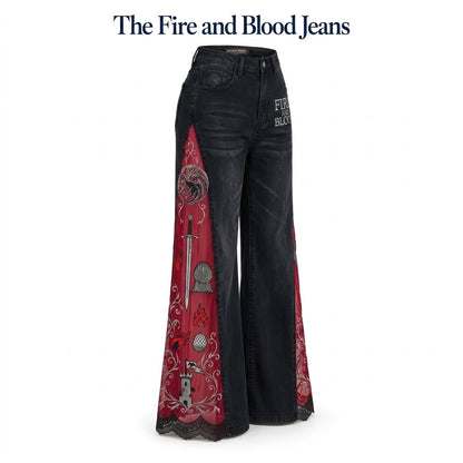 Women's Gothic Dragon Embroidered Jeans – Lace-Panel Wide-Leg Denim